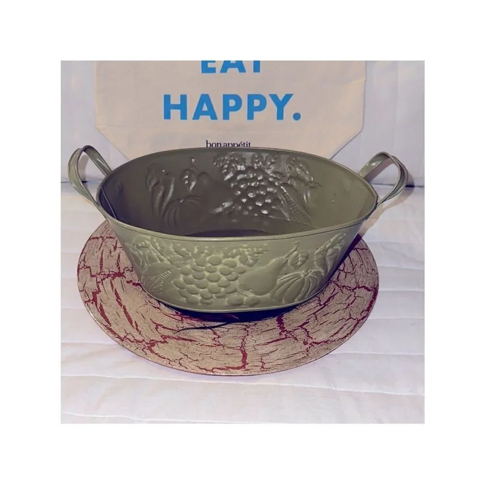 Metal Tin Bowl with Handles Green Fruit Harvest Dented Design